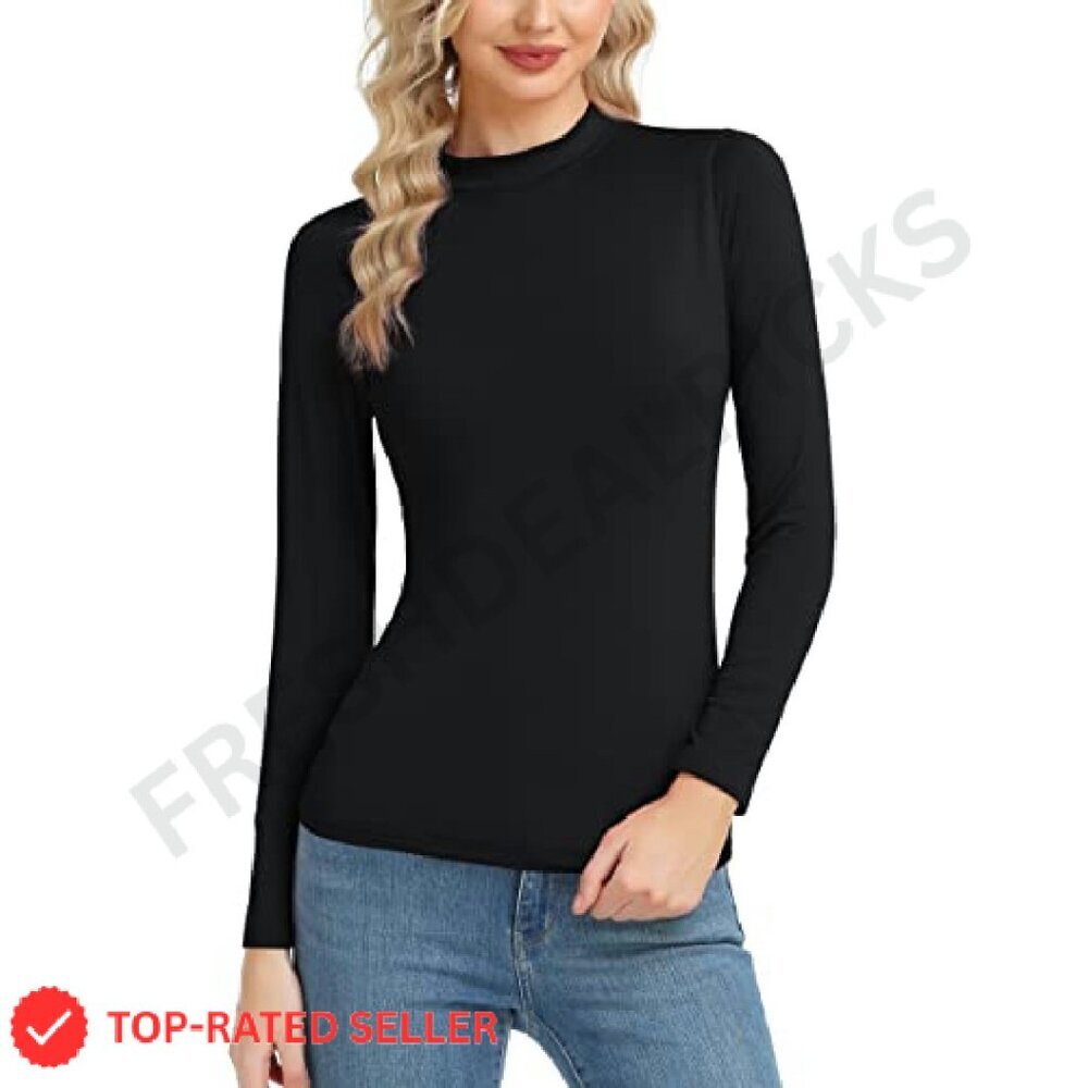 Long Sleeve Thermal Top Slim Fit Mock Neck Lightweight Layer Chic Minimal - Picture 2 of 7